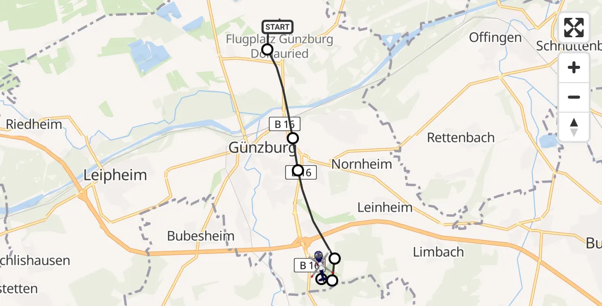 Flugroute Polizeihubschrauber Günzburg-Donauried Flugplatz - Legoland Hubschrauberlandeplatz, 19 Mai 2026, 13:37