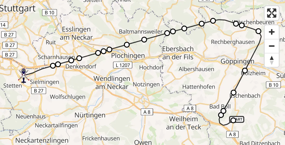 Flugroute Polizeihubschrauber Gruibingen-Nortel Flugplatz - Flughafen Stuttgart, 19 Mai 2026, 13:38