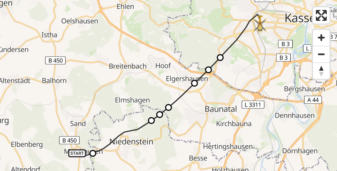 Flugroute Rettungshubschrauber Bad Emstal - Kassel, 19 Mai 2026, 13:42