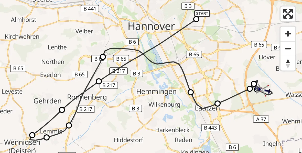 Flugroute Polizeihubschrauber Hannover Luftrettung Hubschrauberlandeplatz (Christoph 4) - Sehnde, 19 Mai 2026, 13:45