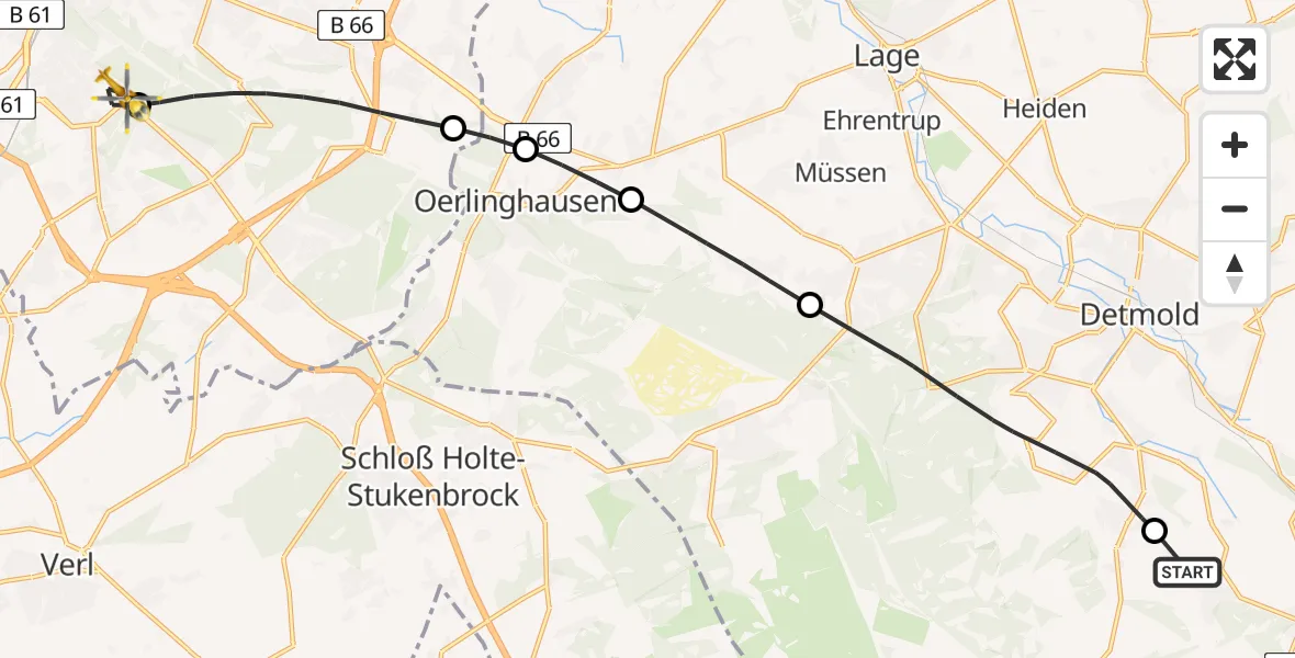 Flugroute Rettungshubschrauber Horn-Bad Meinberg - Luftrettungszentrum Bielefeld, 19 Mai 2026, 13:45