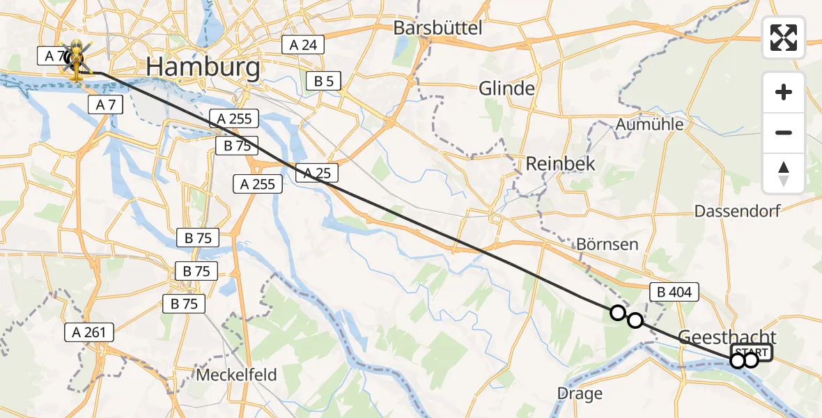 Flugroute Rettungshubschrauber Johanniter Hospital - Hamburg, 19 Mai 2026, 13:59