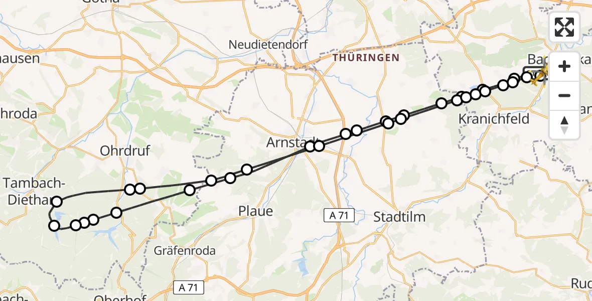 Flugroute Ambulanzhubschrauber Bad Berka - DRF Rettungsstation Bad Berka Hubschrauberlandeplatz, 19 Mai 2026, 14:01