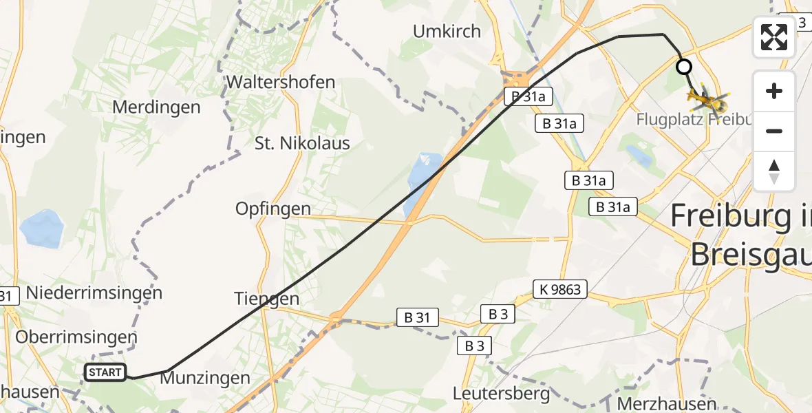 Flugroute Rettungshubschrauber Freiburg im Breisgau - Freiburg im Breisgau Flugplatz, 19 Mai 2026, 14:01
