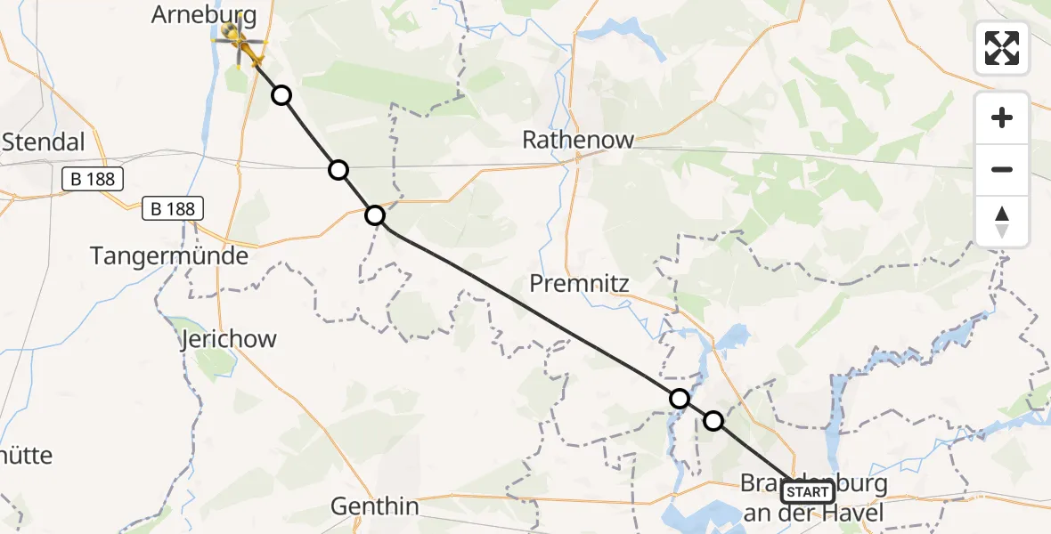 Flugroute Rettungshubschrauber Brandenburg an der Havel - Klietz, 19 Mai 2026, 14:01