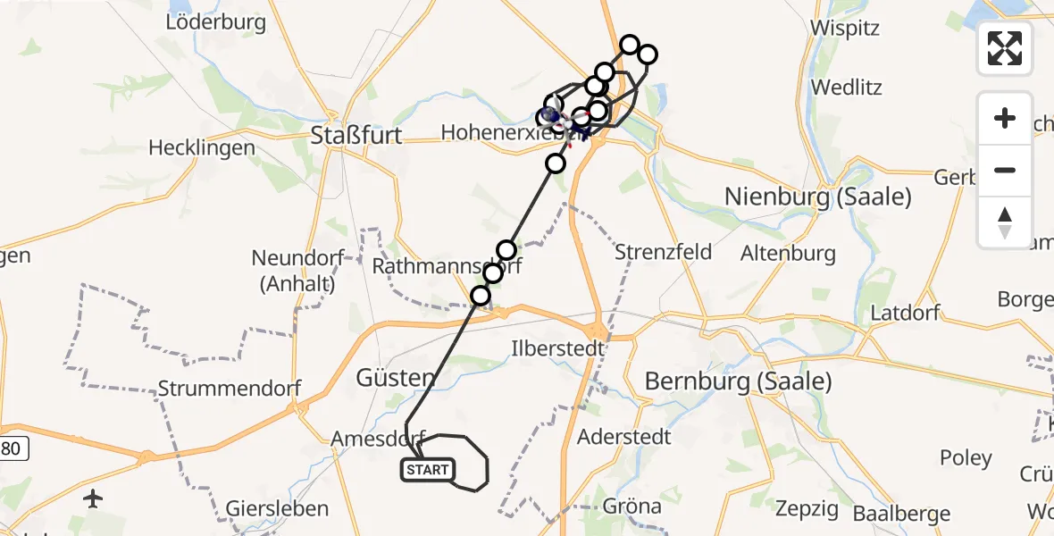 Flugroute Polizeihubschrauber Güsten - Nienburg (Saale), 19 Mai 2026, 14:07