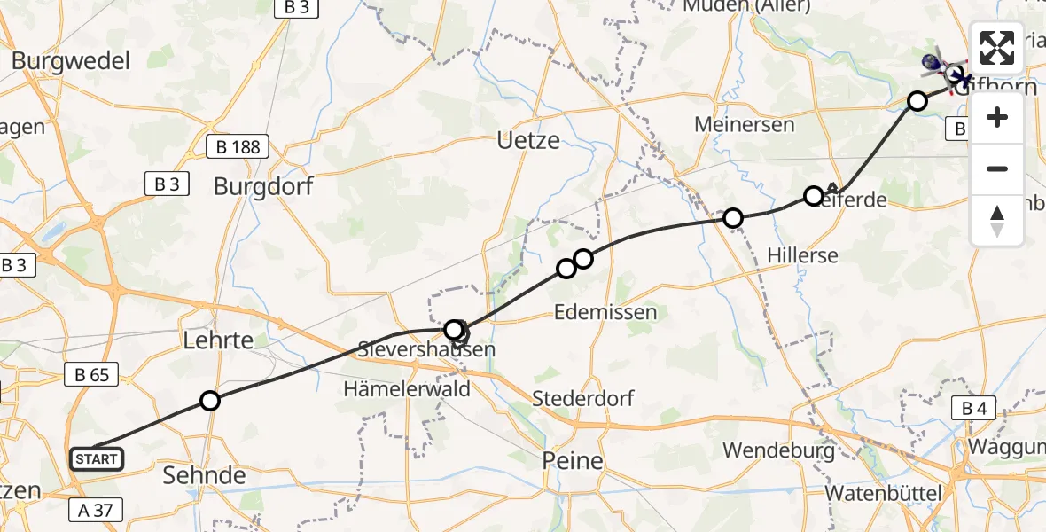 Flugroute Polizeihubschrauber Sehnde - Gifhorn Bundespolizei Hubschrauberlandeplatz, 19 Mai 2026, 14:15
