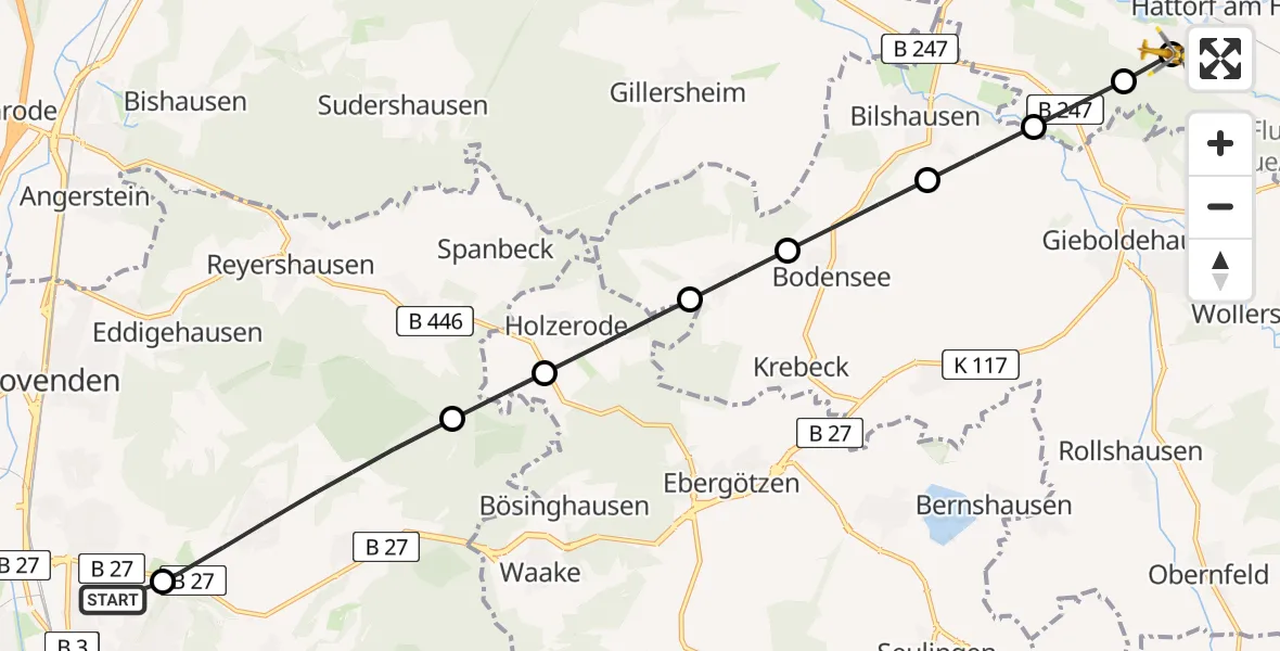 Flugroute Rettungshubschrauber Göttingen University Clinic Hubschrauberlandeplatz - Hattorf am Harz, 19 Mai 2026, 14:15