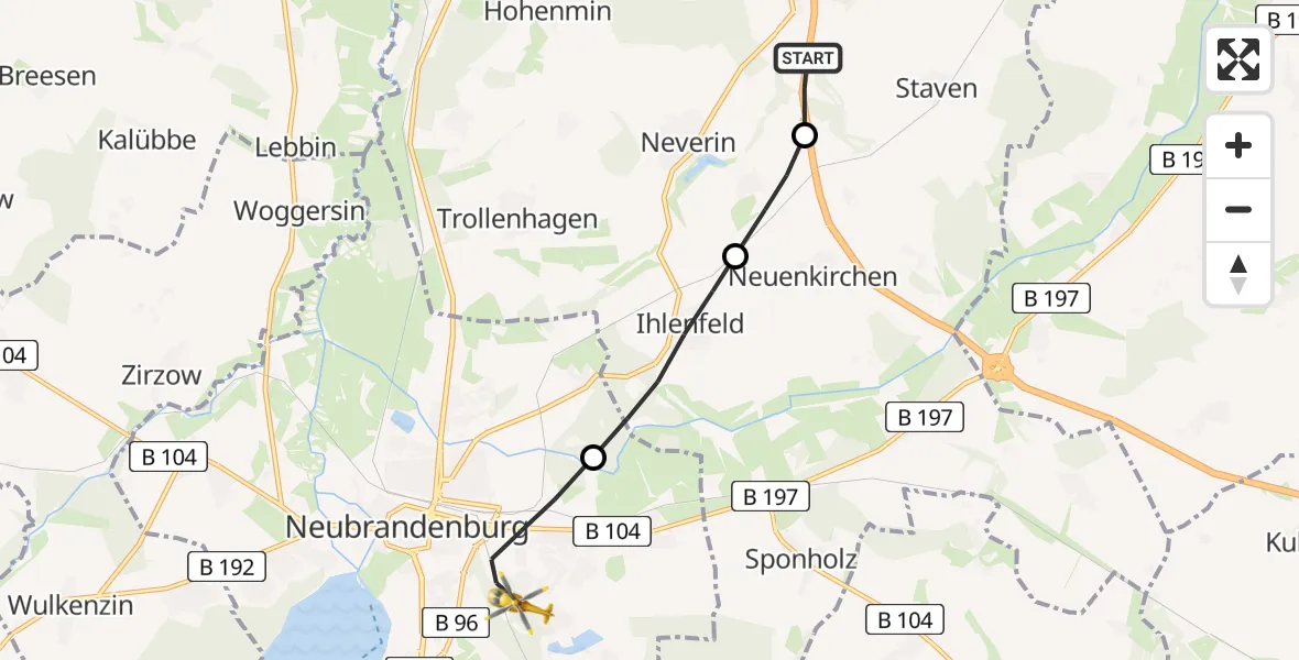 Flugroute Rettungshubschrauber Staven - Neubrandenburg, 19 Mai 2026, 14:15