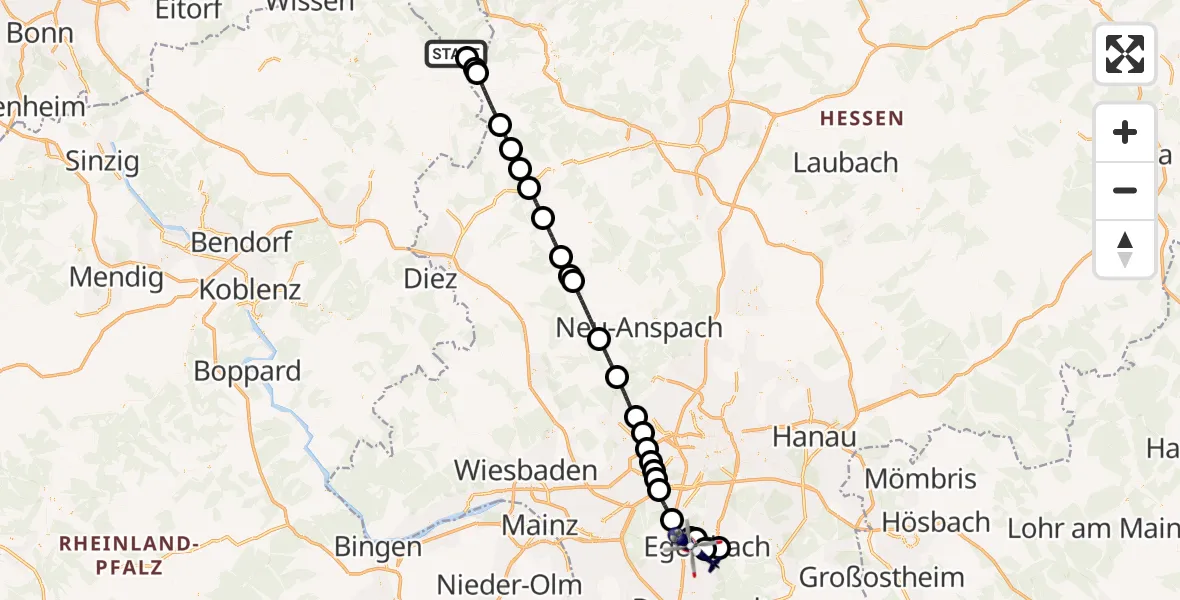 Flugroute Polizeihubschrauber Siegerland Flughafen - Flughafen Frankfurt-Egelsbach, 19 Mai 2026, 14:25