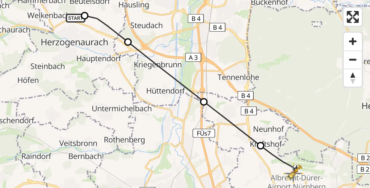 Flugroute Ambulanzhubschrauber Herzogenaurach Flugplatz - Flughafen Nuremberg, 19 Mai 2026, 14:26