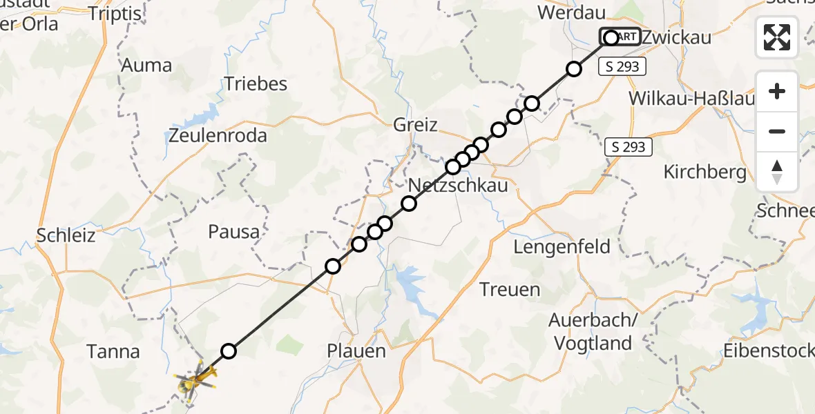 Flugroute Rettungshubschrauber ADAC Air Rescue Station Zwickau Hubschrauberlandeplatz - Weischlitz, 19 Mai 2026, 14:29