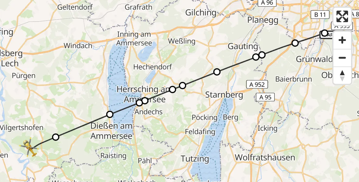 Flugroute Rettungshubschrauber ADAC Air Rescue Center Hubschrauberlandeplatz (Christoph 1) - Reichling, 19 Mai 2026, 14:35