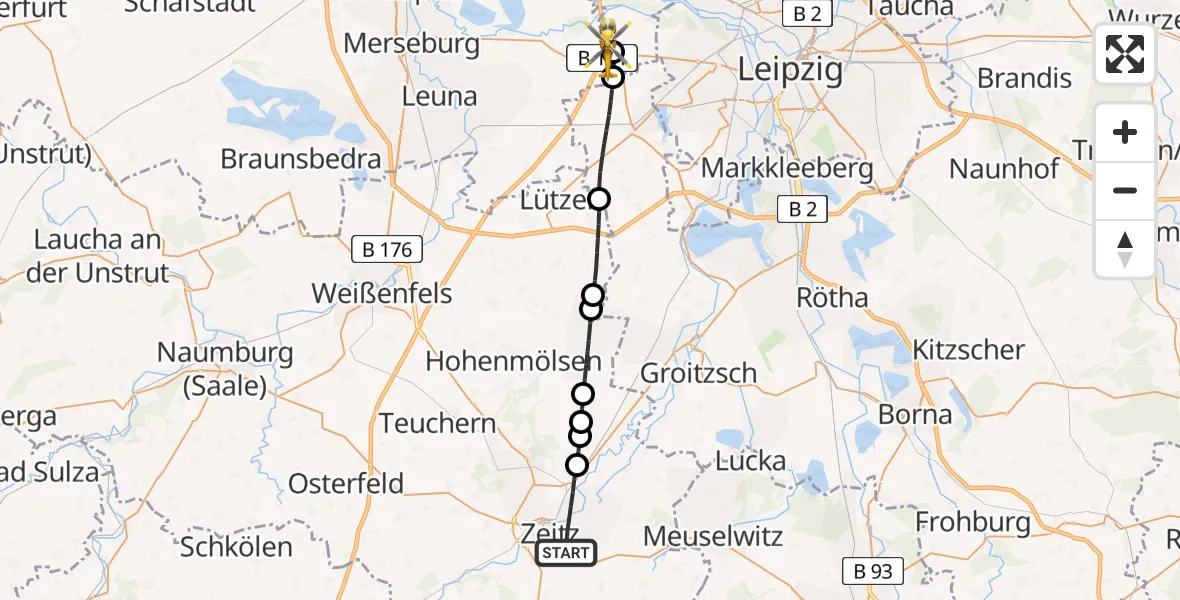 Flugroute Rettungshubschrauber Zeitz - ADAC Air Rescue Station Leipzig/Schkeuditz-Dölzig Hubschrauberlandeplatz (Christoph 61), 19 Mai 2026, 14:36