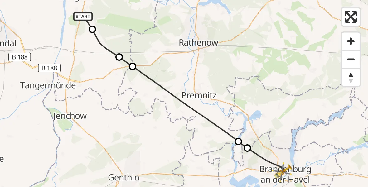 Flugroute Rettungshubschrauber Klietz - Brandenburg an der Havel, 19 Mai 2026, 14:38