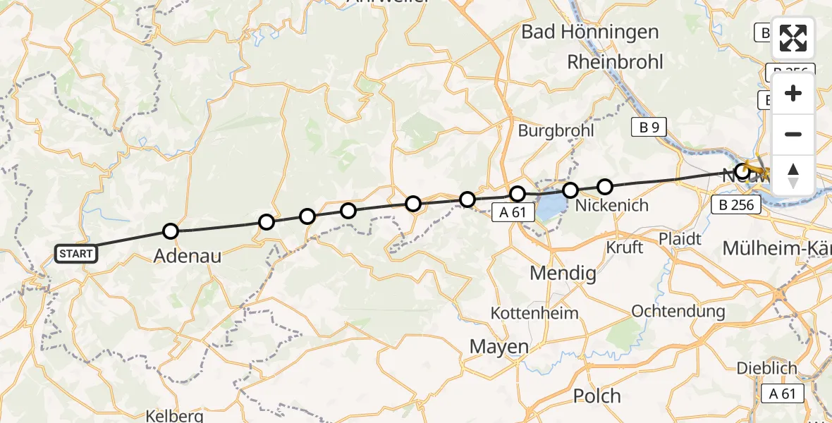 Flugroute Ambulanzhubschrauber Müsch - Neuwied, 19 Mai 2026, 14:42
