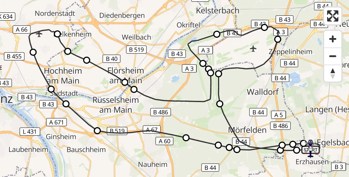 Flugroute Polizeihubschrauber Flughafen Frankfurt-Egelsbach - Flughafen Frankfurt-Egelsbach, 19 Mai 2026, 14:49