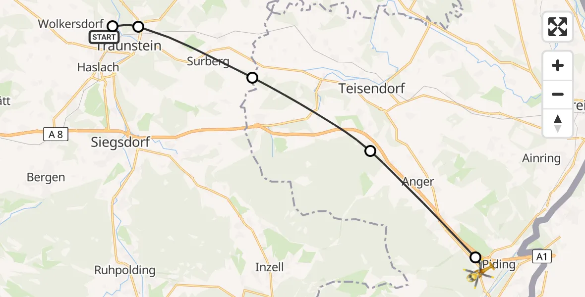 Flugroute Rettungshubschrauber Traunstein Hospital - Piding, 19 Mai 2026, 14:53