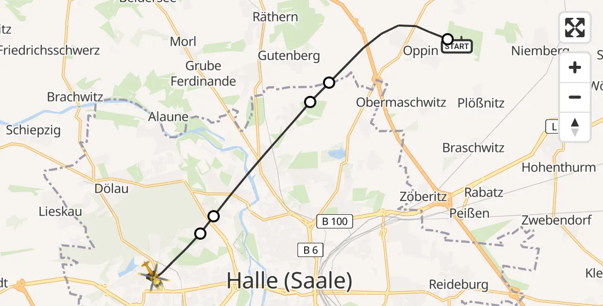 Flugroute Rettungshubschrauber Halle-Oppin Flugplatz - Halle (Saale), 19 Mai 2026, 14:55