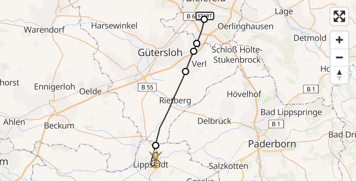 Flugroute Rettungshubschrauber Luftrettungszentrum Bielefeld - Lippstadt, 19 Mai 2026, 14:59