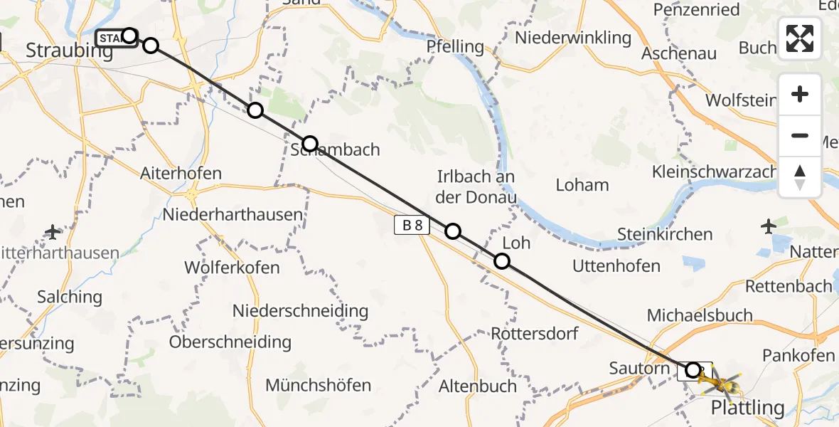 Flugroute Rettungshubschrauber Sankt Elisabeth Hospital Straubing - Plattling, 19 Mai 2026, 15:00