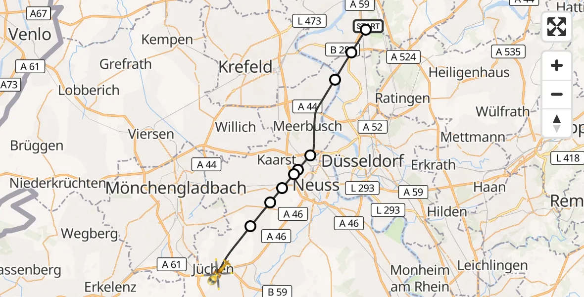 Flugroute Rettungshubschrauber Duisburg Air Rescue Hubschrauberlandeplatz (Christoph 9) - Jüchen, 19 Mai 2026, 15:02