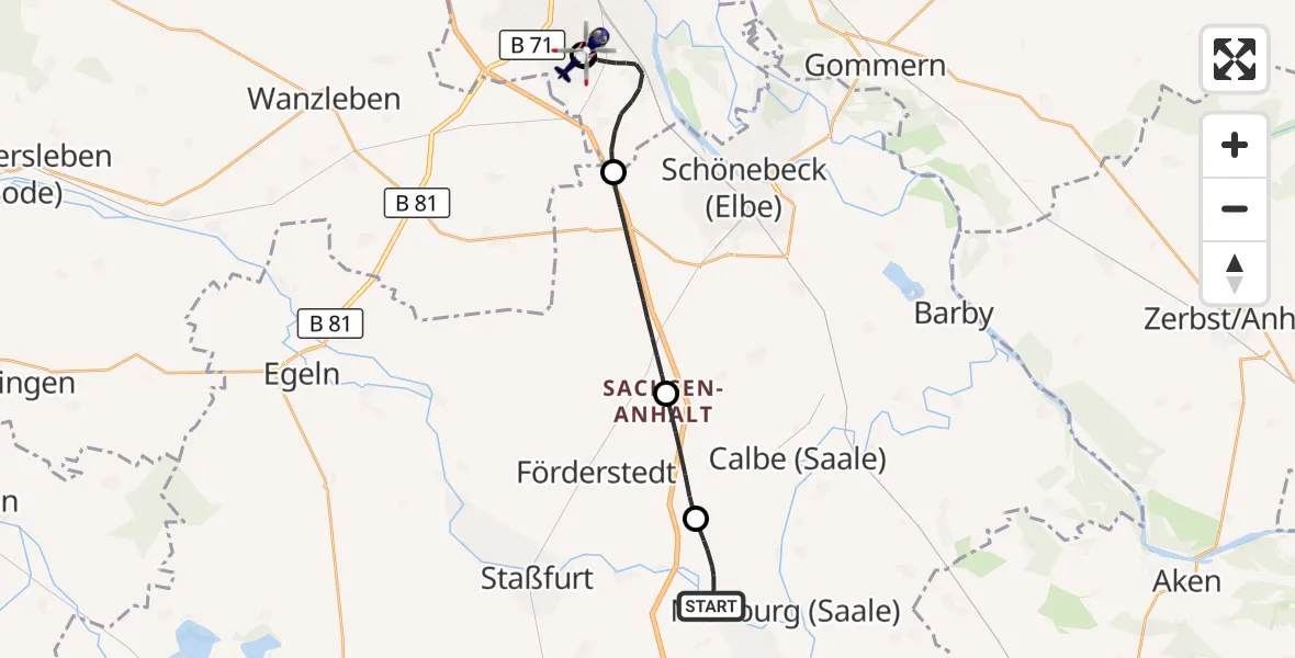 Flugroute Polizeihubschrauber Nienburg (Saale) - Magdeburg, 19 Mai 2026, 15:02