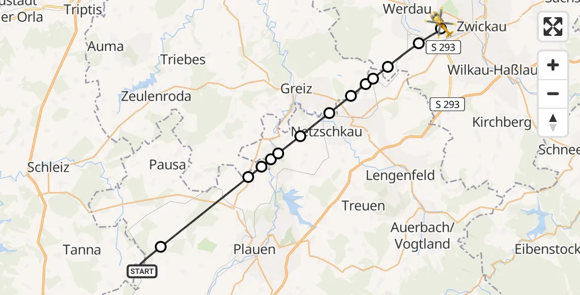 Flugroute Rettungshubschrauber Weischlitz - ADAC Air Rescue Station Zwickau Hubschrauberlandeplatz, 19 Mai 2026, 15:07