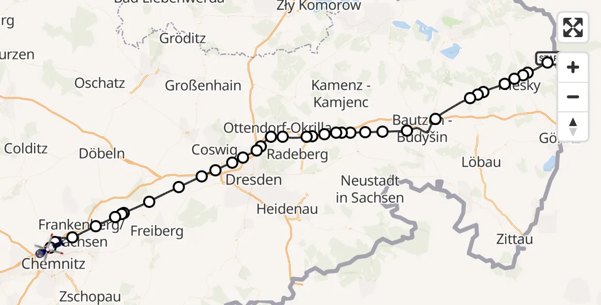 Flugroute Polizeihubschrauber Rothenburg/Görlitz Flugplatz - Chemnitz-Glösa Industrial Park Hubschrauberlandeplatz, 19 Mai 2026, 15:09
