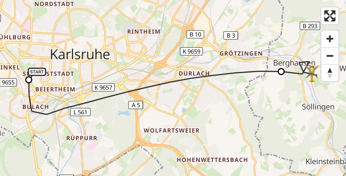 Flugroute Rettungshubschrauber Sankt Vincentius Hospital - Pfinztal, 19 Mai 2026, 15:18