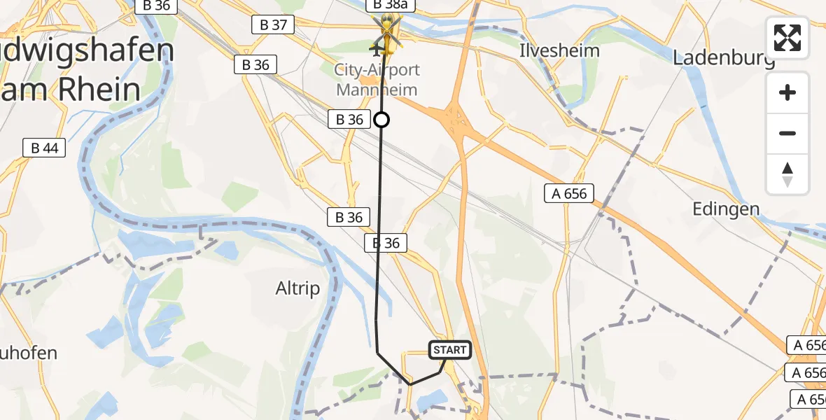 Flugroute Rettungshubschrauber Mannheim - Mannheim-City Flughafen, 19 Mai 2026, 15:33