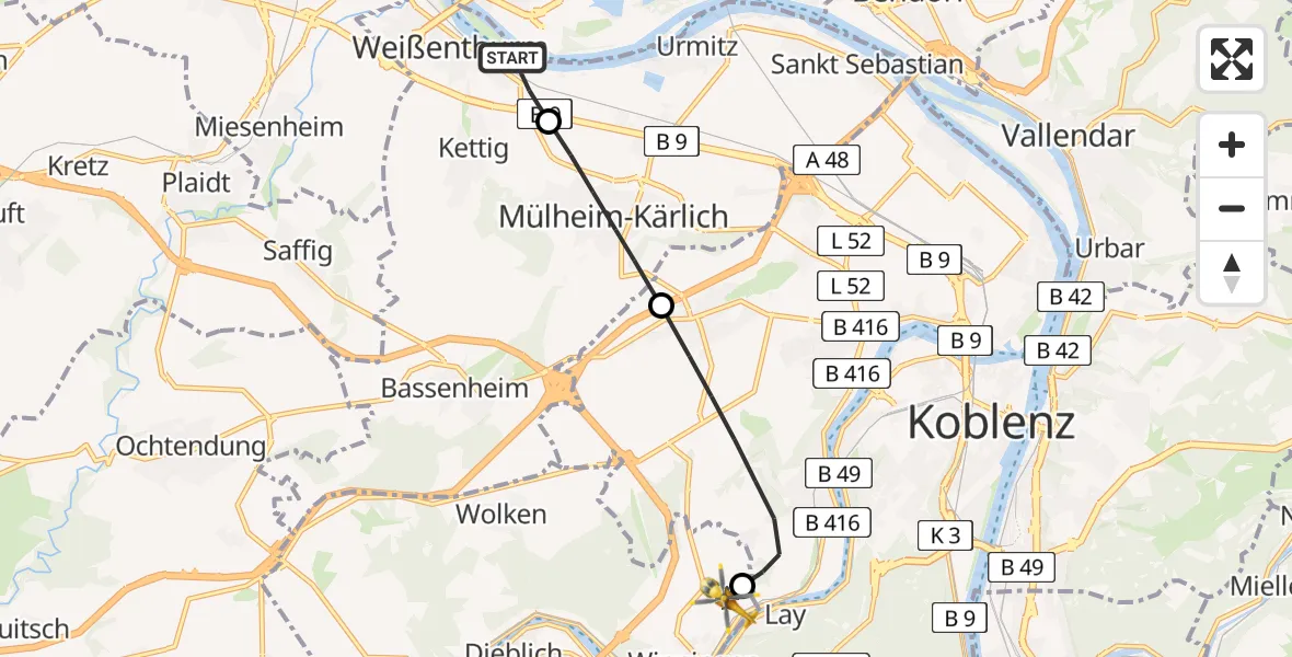 Flugroute Ambulanzhubschrauber Weißenthurm - Koblenz-Winningen Flugplatz, 19 Mai 2026, 15:33