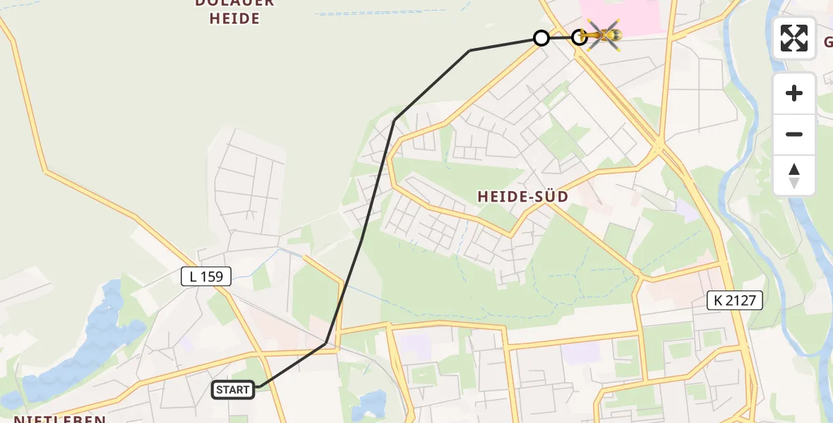 Flugroute Rettungshubschrauber Halle (Saale) - Halle (Saale) University Hospital, 19 Mai 2026, 15:42