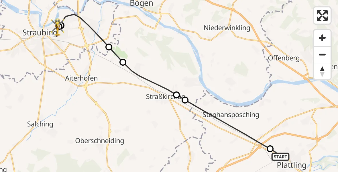 Flugroute Rettungshubschrauber Plattling - Sankt Elisabeth Hospital Straubing, 19 Mai 2026, 15:43