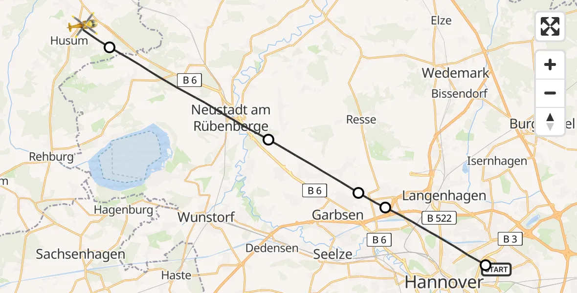Flugroute Rettungshubschrauber Hannover Luftrettung Hubschrauberlandeplatz (Christoph 4) - Husum, 19 Mai 2026, 15:52