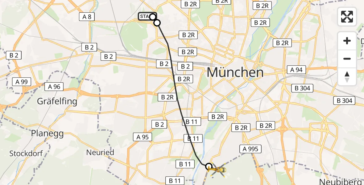 Flugroute Rettungshubschrauber Dritter Orden University Hospital - ADAC Air Rescue Center Hubschrauberlandeplatz (Christoph 1), 19 Mai 2026, 15:55