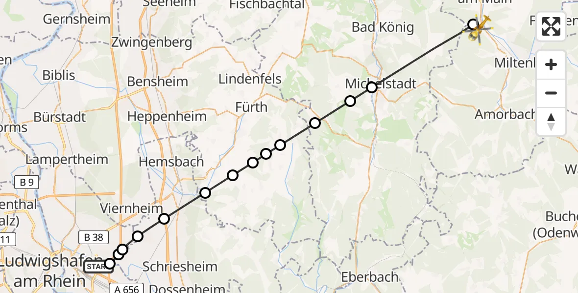 Flugroute Rettungshubschrauber Mannheim-City Flughafen - Laudenbach, 19 Mai 2026, 15:57