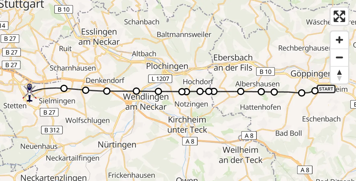 Flugroute Polizeihubschrauber Göppingen - Flughafen Stuttgart, 19 Mai 2026, 15:59