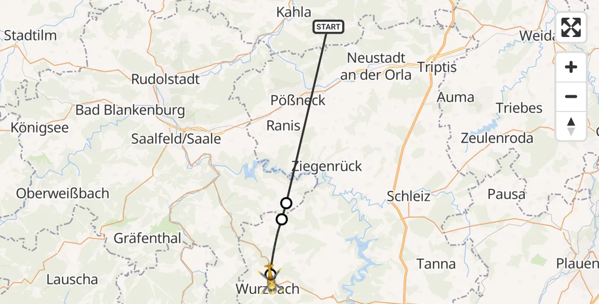 Flugroute Rettungshubschrauber Hummelshain - Wurzbach, 19 Mai 2026, 16:03