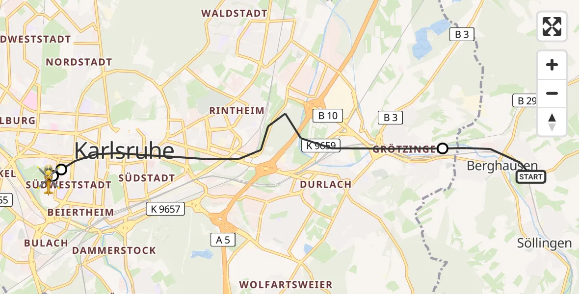 Flugroute Rettungshubschrauber Pfinztal - Sankt Vincentius Hospital, 19 Mai 2026, 16:04