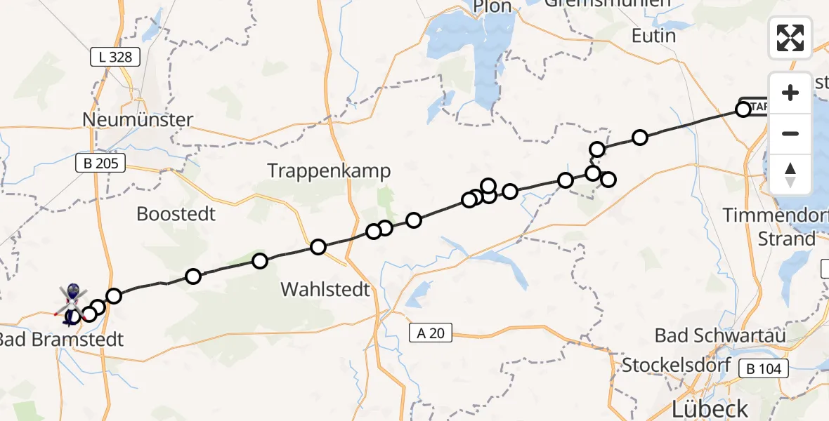 Flugroute Polizeihubschrauber Sierksdorf - Bad Bramstedt Hubschrauberlandeplatz, 19 Mai 2026, 16:11