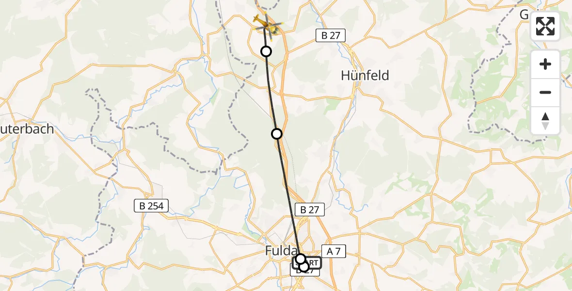Flugroute Rettungshubschrauber Fulda Hospital - Burghaun, 19 Mai 2026, 16:24