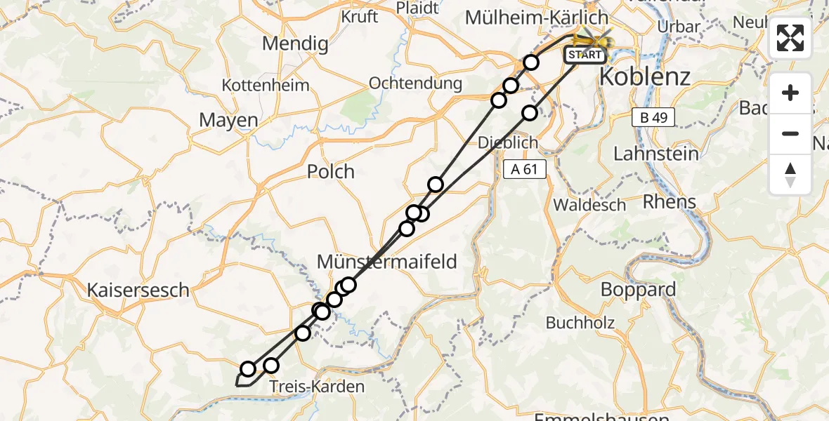 Flugroute Rettungshubschrauber Koblenz - Koblenz, 19 Mai 2026, 16:25