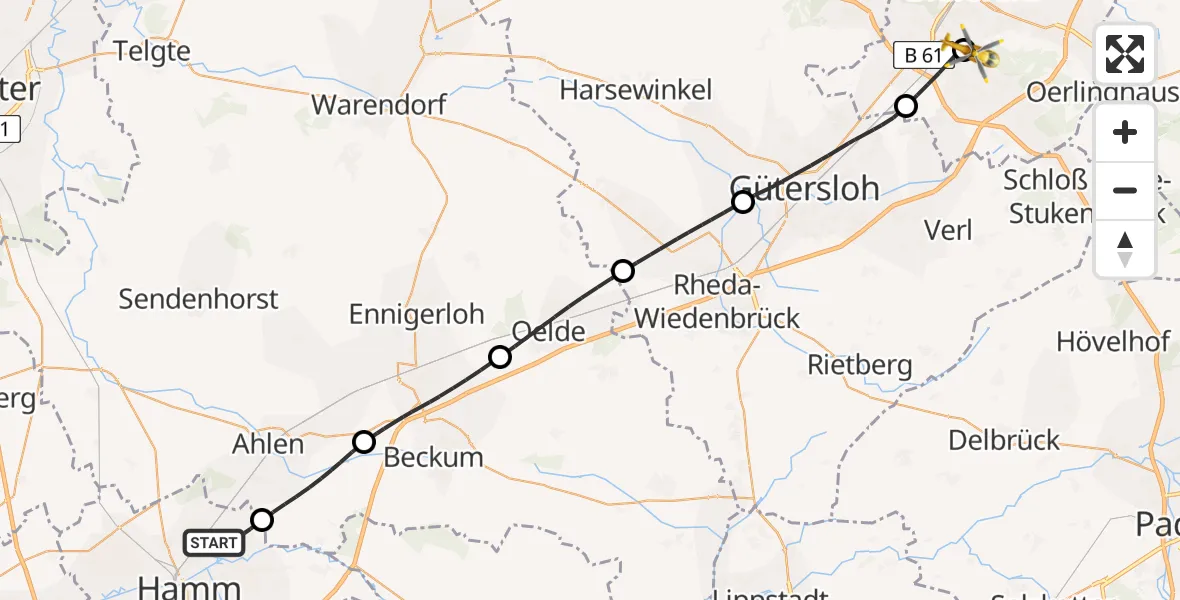 Flugroute Rettungshubschrauber Hamm - Luftrettungszentrum Bielefeld, 19 Mai 2026, 16:26
