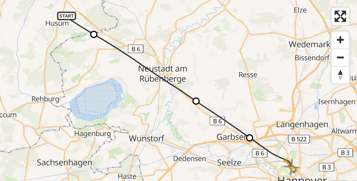 Flugroute Rettungshubschrauber Husum - Hannover, 19 Mai 2026, 16:27