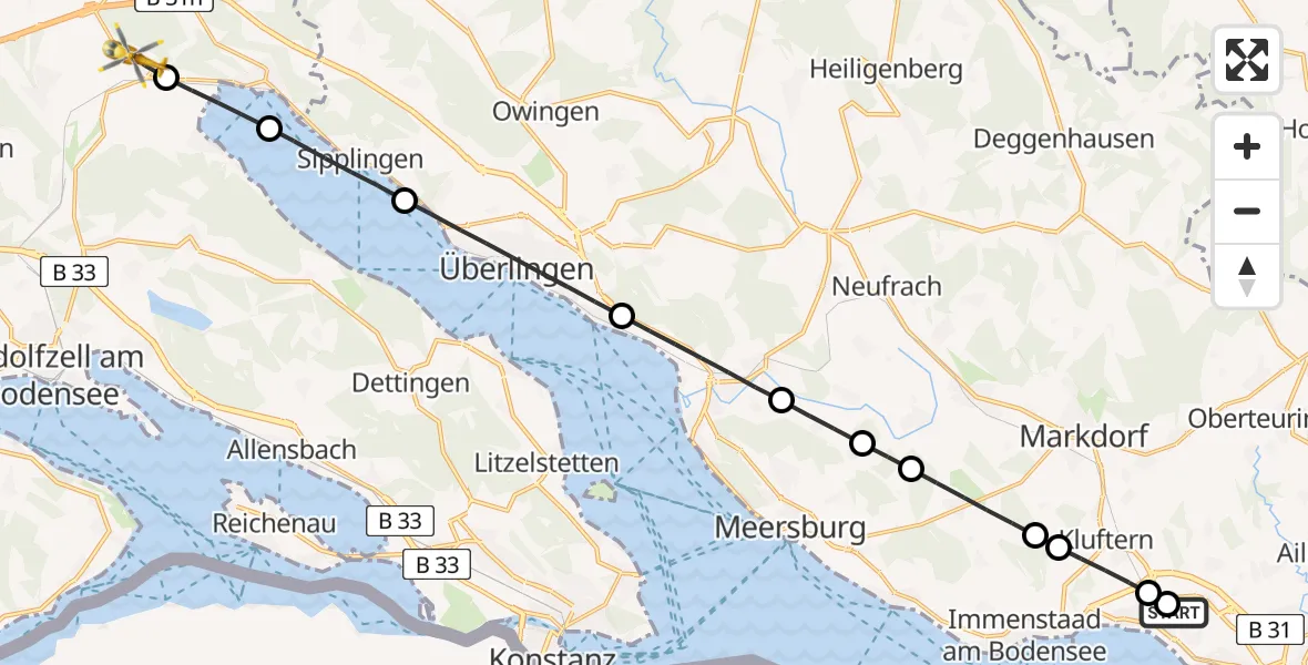 Flugroute Rettungshubschrauber Friedrichshafen Hospital - Stockach, 19 Mai 2026, 16:30