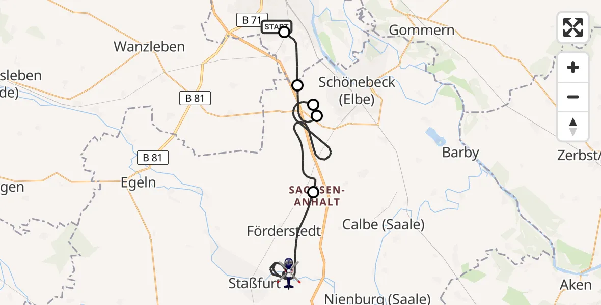 Flugroute Polizeihubschrauber Magdeburg City Flugplatz - Staßfurt, 19 Mai 2026, 16:37