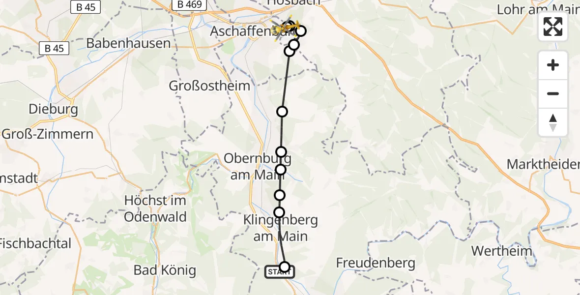 Flugroute Rettungshubschrauber Laudenbach - Aschaffenburg Hospital, 19 Mai 2026, 16:40