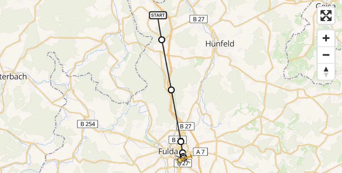 Flugroute Rettungshubschrauber Burghaun - Fulda Hospital, 19 Mai 2026, 16:51