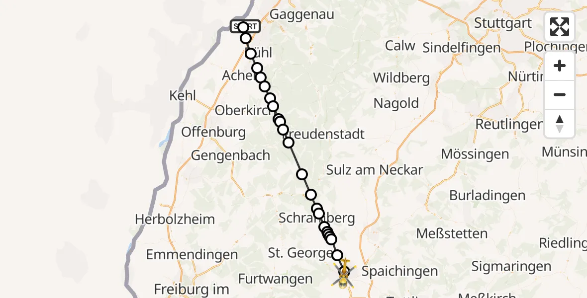 Flugroute Ambulanzhubschrauber Karlsruhe Baden-Baden Flughafen - DRF Air Rescue Station Villingen-Schwenningen Hubschrauberlandeplatz (Christoph 11), 19 Mai 2026, 16:51